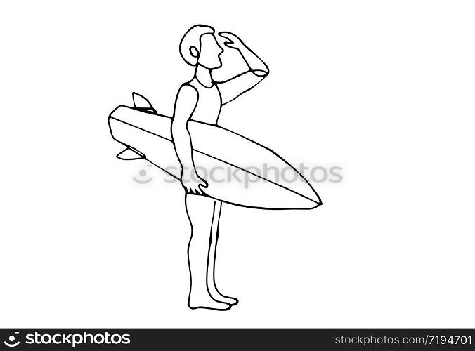 Continuous one single drawn line of a surfer with a surfboard on the beach
