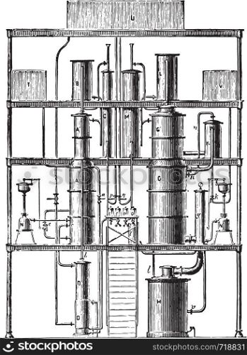 Continuous Purifier phlegm (first unit), vintage engraved illustration. Industrial encyclopedia E.-O. Lami - 1875.