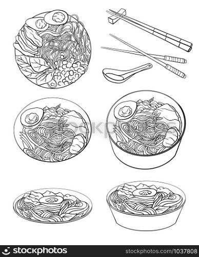 Contour black and white cartoon illustration of ramen in different angles. Noodles. Vector element for the menu, card, coloring pages and your creativity.. Contour black and white cartoon illustration of ramen in different angles. Noodles