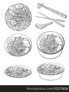 Contour black and white cartoon illustration of ramen in different angles. Noodles. Vector element for the menu, card, coloring pages and your creativity.. Contour black and white cartoon illustration of ramen in different angles. Noodles