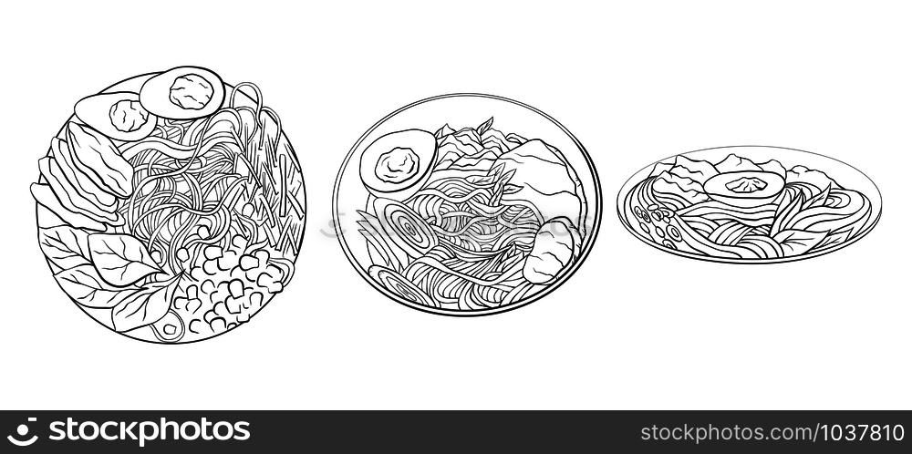Contour black and white cartoon illustration of ramen in different angles. Noodles. Vector element for the menu, card, coloring pages and your creativity.. Contour black and white cartoon illustration of ramen in different angles. Noodles.