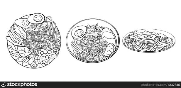 Contour black and white cartoon illustration of ramen in different angles. Noodles. Vector element for the menu, card, coloring pages and your creativity.. Contour black and white cartoon illustration of ramen in different angles. Noodles.