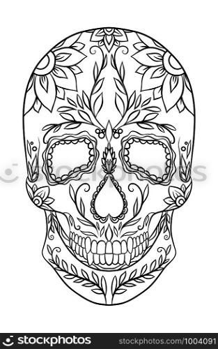 Contour black and white illustration of a sugar skull. The Feast of the Day of the Dead. Vector element for your creativity. Contour black and white illustration of a sugar skull.