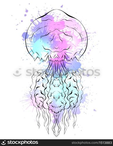 Contour black and white illustration of jellyfish with watercolor splashes. The object is separate from the background. Linear illustration for printing on T-shirts, covers, sketches of tattoos and your design.. Contour black and white illustration of jellyfish with watercolor splashes. The object is separate from the background
