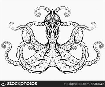 Contour black and white illustration of octopus. The object is separate from the background. Linear illustration for printing on T-shirts, covers, sketches of tattoos and your design.. Contour black and white illustration of octopus.