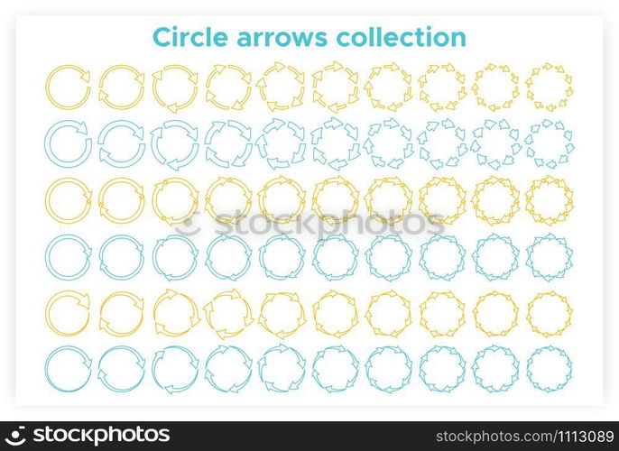 Contour circle arrows set vector illustration. Collection of blue and orange circular arrows, reuse or motion pictograms and reload or refresh icons for presentation, website or infographics. Contour circle arrows reuse or refresh icon set