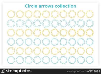 Contour circle arrows set vector illustration. Collection of blue and orange circular arrows, reuse or motion pictograms and reload or refresh icons for presentation, website or infographics. Contour circle arrows reuse or refresh icon set
