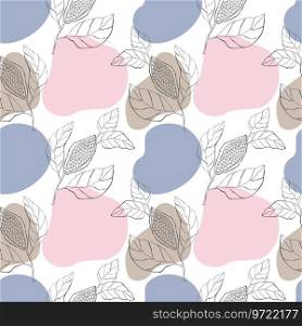 Contour cocoa or coffee branch with abstract shapes in pink and blue, seamless pattern.