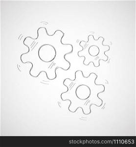 Contour cogwheel mechanism symbols in sketched style with motion accents. Hand drawn black line vector illustration symbolizes connection and support. Applies to web design and brochure.. Hand drawn three gear wheels vector illustration