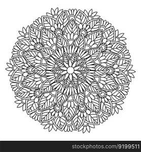Contour doodle zen mandala of leaves and flowers, ornate antistress coloring page with plant elements, vector outline illustration for design and creativity