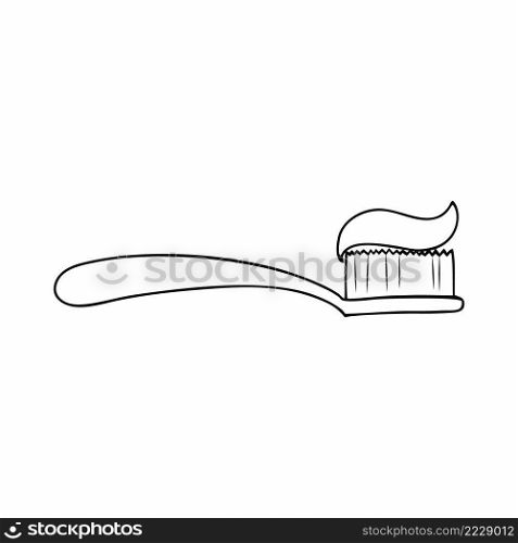 Contour drawing of a toothbrush with paste. Hygiene and health of the oral cavity and teeth. Vector Doodle coloring book for kids.