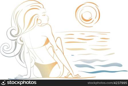 Contour drawing of young smiling woman with a fluttering gorgeous hair is seating on beach and looking on sun.