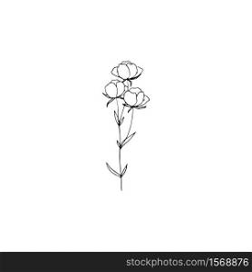 Contour engraving bud. Black and white line art decoration of flower rose with leaves. Vector isolated clipart. Minimal monochrome hand drawing botanical design.