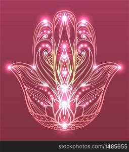 Contour illustration Hamsa with boho pattern and sparkles. Hand of Buddha. Vector element for tattoos, cards, printing on T-shirts. Tracery hand drawn pattern. Contour illustration Hamsa with boho pattern and sparkles. Hand