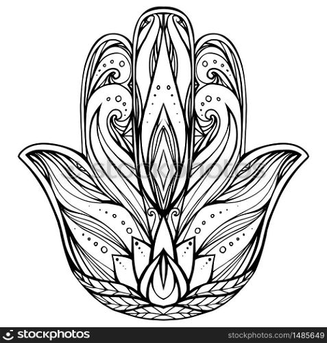 Contour illustration Hamsa with boho pattern. Hand of Buddha. Vector element for tattoos, cards, printing on T-shirts. Tracery hand drawn pattern. Contour illustration Hamsa with boho pattern. Hand of Buddha. Ve