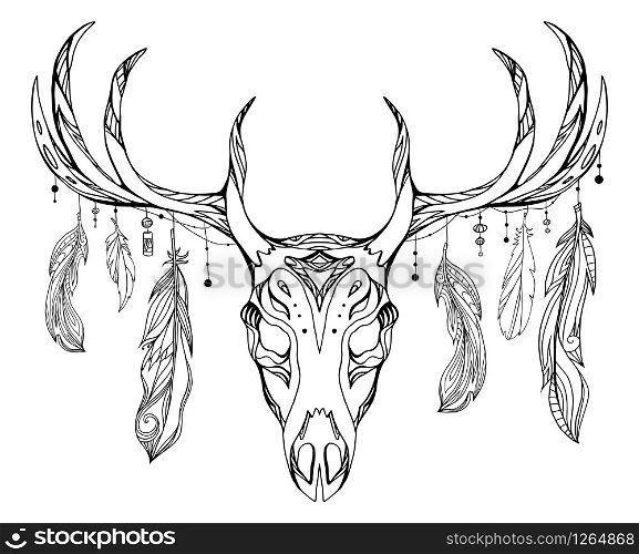 Contour illustration of a deer skull with antlers and feathers with boho pattern. Vector doodle element for printing on T-shirts, tattoo sketch, postcards and your creativity. Contour illustration of a deer skull with antlers and feathers w