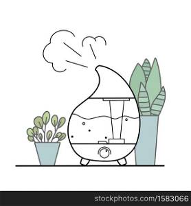Contour illustration of a humidifier with indoor plants in pots on a white background. Comfort at home. Aromatherapy device. Vector outline object for banner, logo, card and your design.. Contour illustration of a humidifier with indoor plants in pots on a white background. Comfort at home. Aromatherapy device. Vector outline object