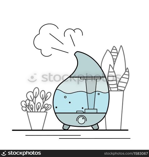 Contour illustration of a humidifier with indoor plants in pots on a white background. Comfort at home. Aromatherapy device. Vector outline object for icons, logos, banners and your design.. Contour illustration of a humidifier with indoor plants in pots on a white background. Comfort at home. Aromatherapy device. Vector outline object