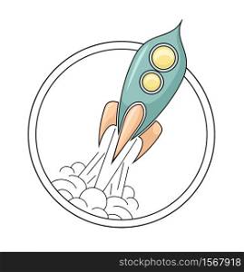 Contour illustration of a retro space rocket taking off with smoke in circle. Start up project with a starship in badge. Round linear drawing on a white background. Success in the project.. Contour illustration of a retro space rocket taking off with smoke in circle. Start up project with a starship in badge. Round linear drawing on a white background.