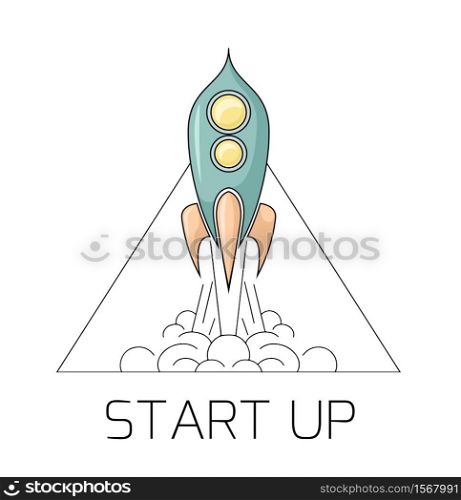 Contour illustration of a retro space rocket taking off with smoke in triangle. Start up project with a starship. Linear drawing on a white background. Success in the project.. Contour illustration of a retro space rocket taking off with smoke in triangle. Start up project with a starship. Linear drawing