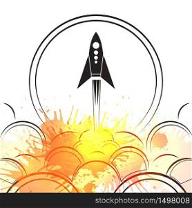 Contour illustration of an upcoming rocket with smoke and watercolor splashing. Vector illustration for your creativity. Contour illustration of an upcoming rocket with smoke and watercolor splashing.