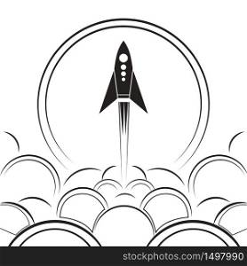 Contour illustration of an upcoming rocket with smoke. Black and white vector illustration. Contour illustration of an upcoming rocket with smoke