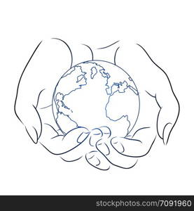 Contour illustration of female hands holding a globe. Vector element for your design. Contour illustration of female hands holding a globe. Vector ele