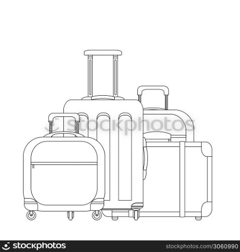 Contour illustration of various suitcases. Family travel. Linear drawing of luggage and scrub. Vector black and white element for logos, articles, icons and your design.. Contour illustration of various suitcases. Family travel. Linear drawing of luggage and scrub. Vector black and white element