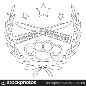 Contour, line art logo isolated on white with 2 crossed knifes brass knuckle and stars in laurel wreath. Print