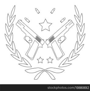 Contour, line art logo isolated on white with 2 pistols, bullets and stars in laurel wreath. Print