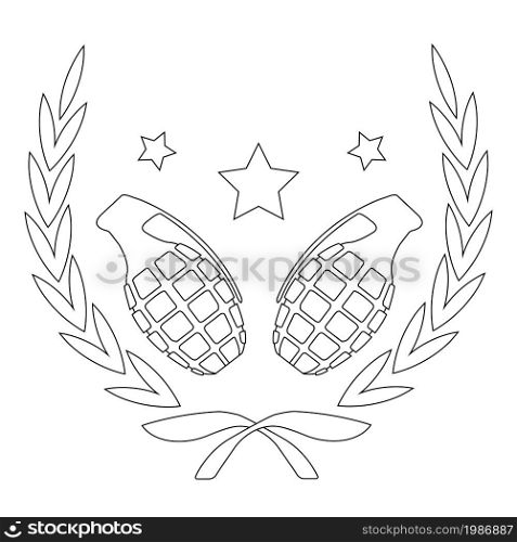 Contour, line art logo isolated on white with grenades and stars in laurel wreath. Grenades and stars in laurel wreath line-art