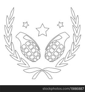 Contour, line art logo isolated on white with grenades and stars in laurel wreath. Grenades and stars in laurel wreath line-art