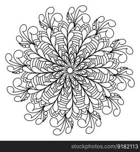 Contour mandala with sixteen rays of abstract plant elements similar to curls and drops, zen anti stress coloring page, vector outline illustration for design