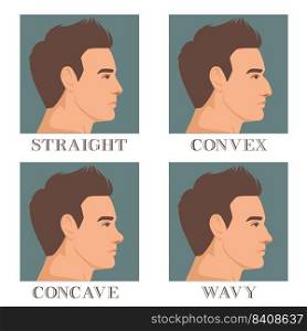 Contour nose shapes. Base of nose. Different types of noses. Concept of plastic nose surgery. Side view, flat style.. male face in profile with different types of nose convex, straight, concave and wavy. Vector illustration