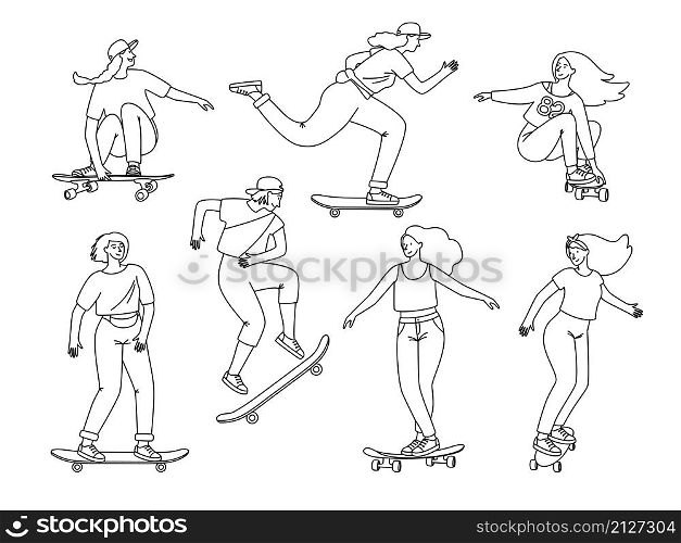Contour of skateboarders. Cartoon female teenagers on boards sketch elements, jumping and sport tricks on longboard, vector illustration of extreme activity isolated on white backgr. Contour of skateboarders