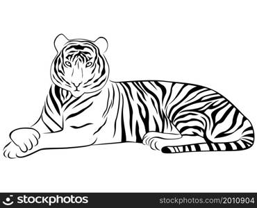 Contour of tiger lying in graceful pose, isolated black vector on white background like a tattoo