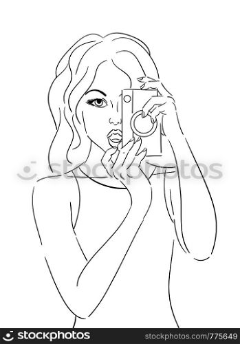 Contour pop art illustration of the girl with an old camera. Vector element for your creativity. Contour pop art illustration of the girl with an old camera.