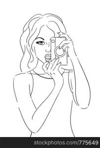Contour pop art illustration of the girl with an old camera. Vector element for your creativity. Contour pop art illustration of the girl with an old camera.