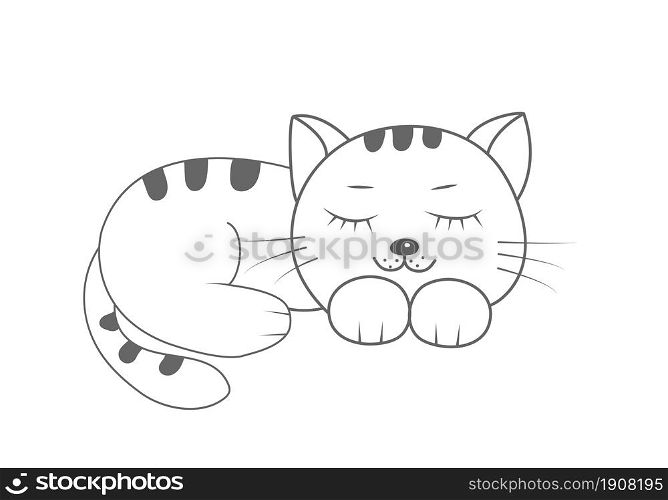 Contour silhouette of a cute cat. A beautiful cute cat lies with his eyes closed. Flat style.