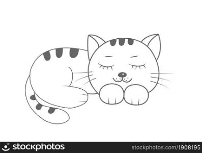 Contour silhouette of a cute cat. A beautiful cute cat lies with his eyes closed. Flat style.