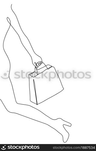 Contour vector silhouette of a woman carrying a package with purchase. Drawing of the left part of the female body with a package with space for text. The concept of shopping, discounts, promotions an