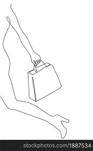 Contour vector silhouette of a woman carrying a package with purchase. Drawing of the left part of the female body with a package with space for text. The concept of shopping, discounts, promotions an