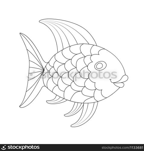 Contoured empty silhouette of a cartoon fish for soothing coloring by children and adults. Isolated on a white background. Flat style.