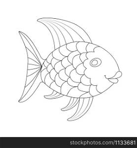 Contoured empty silhouette of a cartoon fish for soothing coloring by children and adults. Isolated on a white background. Flat style.