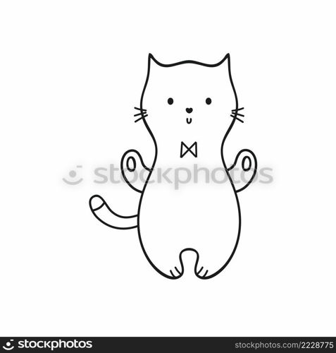 Contoured kitten with a bow tie on the chest. Vector simple Doodle illustration of a cat in a minimalistic style. Element for decorating a holiday, postcard, or Notepad.