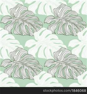 Contoured outline monstera silhouettes seamless doodle pattern. Pale green background. Decorative backdrop for fabric design, textile print, wrapping, cover. Vector illustration.. Contoured outline monstera silhouettes seamless doodle pattern. Pale green background.