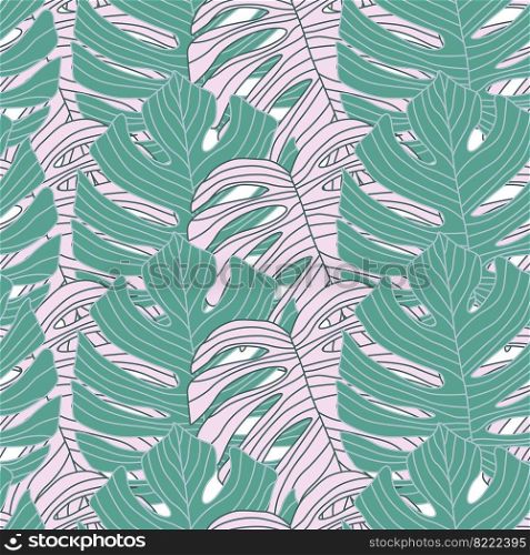Contoured outline monstera silhouettes seamless pattern. Palm leaves endless background. Botanical wallpaper. Decorative backdrop for fabric design, textile print, wrapping, cover. Vector illustration. Contoured outline monstera silhouettes seamless pattern. Palm leaves endless background. Botanical wallpaper.