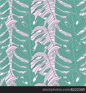 Contoured outline monstera silhouettes seamless pattern. Palm leaves endless background. Botanical wallpaper. Decorative backdrop for fabric design, textile print, wrapping, cover. Vector illustration. Contoured outline monstera silhouettes seamless pattern. Palm leaves endless background. Botanical wallpaper.