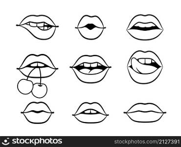 Contours of lips. Silhouettes beautiful sexy smiles of women with berry, vector illustration outlines of concept of romantic kisses isolated on white background. Contours of lips