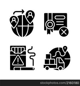 Contraband black glyph icons set on white space. People smuggling. Cigarettes illegal trading. Import restrictions and regulations. Silhouette symbols. Vector isolated illustration. Contraband black glyph icons set on white space